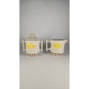 ceramic sugar creamer set speckled yellow floral basketweave studio pottery 1970